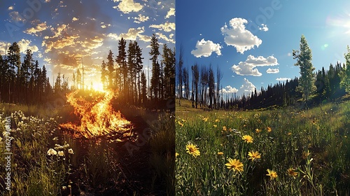 Two panoramic views of a meadow; one at sunset with a campfire, the other at midday