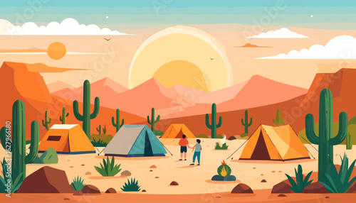 Vibrant desert campsite illustration with people, colorful tents, and saguaro cacti under a large, stylized sun.