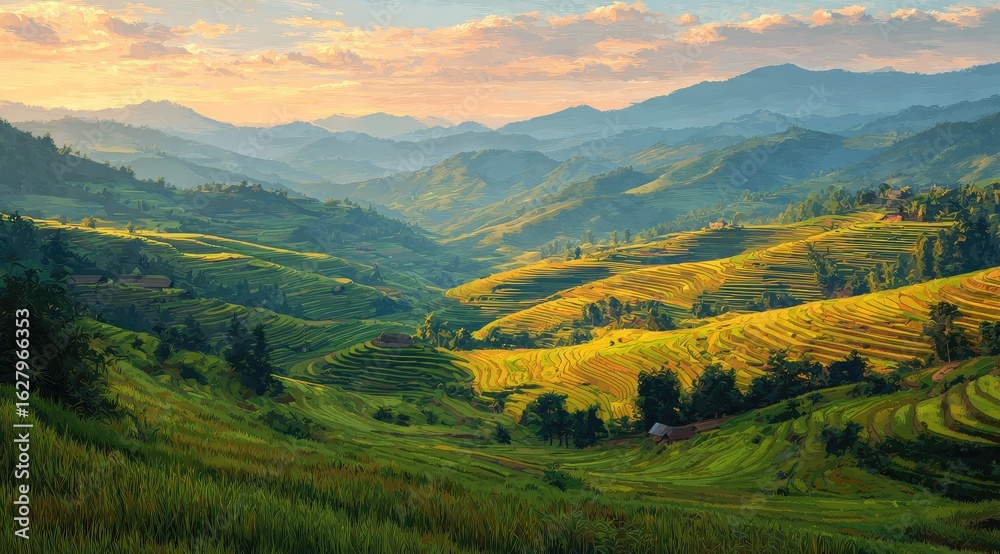 Naklejka premium Golden terraced rice paddies at sunrise, nestled in a valley with distant mountains. Lush green and golden hues paint the landscape