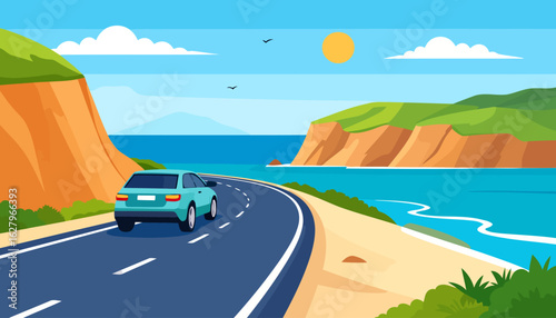 A modern teal sedan cruises on a winding coastal road, seen from a rear angle.