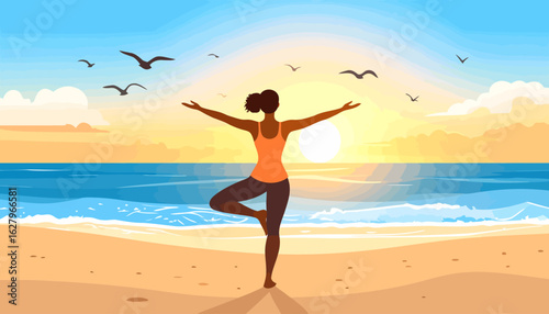 Rear view of a woman in an orange tank top practicing the yoga tree pose with arms outstretched, showing balance and serenity.