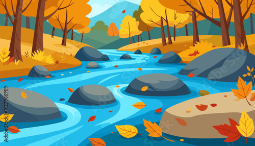 A vibrant autumn forest landscape with a winding blue river, golden trees, and falling leaves.