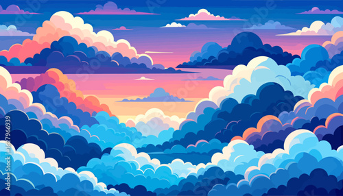 Stylized sunset cloudscape illustration with vibrant, layered clouds in pink, orange, and blue hues.