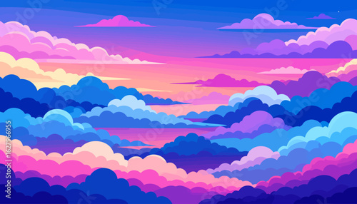 Vibrant flat vector illustration of a dreamy cloudscape with layered pink, purple, and blue clouds at sunset.