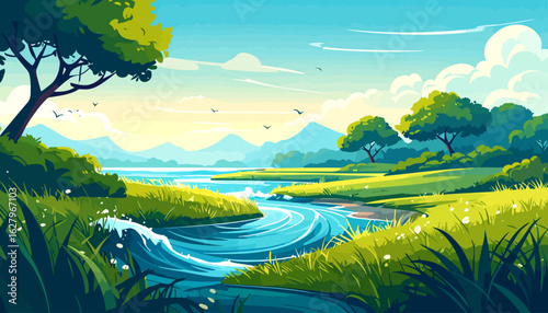 Idyllic summer landscape illustration with a winding blue river, green fields, and distant mountains under a bright sky.