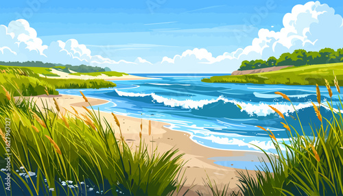 A vibrant illustration of a serene coastal landscape with a sandy beach, rolling waves, and lush green dunes under a blue sky with fluffy clouds.