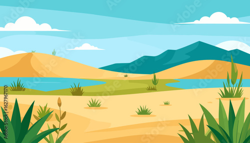 Flat vector illustration of a serene desert oasis with golden sand dunes, a winding river, and distant mountains.