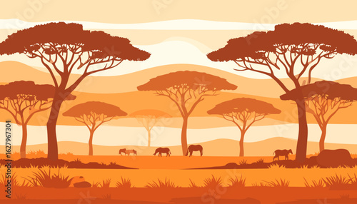 Stylized African Savanna Landscape with Silhouetted Acacia Trees and Grazing Animals at Sunset