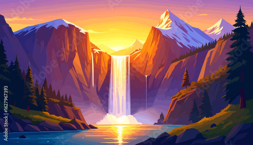 Majestic waterfall cascading between snow-capped mountains during a vibrant golden sunset, a stylized vector illustration.