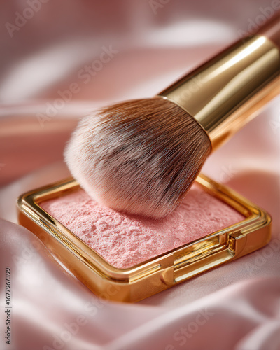 Close up of makeup brush gently sweeping over compact blush, showcasing soft pink powder against silky background. image evokes sense of beauty and elegance
