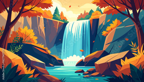 Vibrant autumn forest landscape with a cascading waterfall and rocky cliffs in a flat vector style.