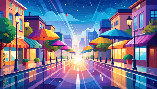 Vibrant rainy city street with colorful umbrellas and glowing reflections on wet pavement.