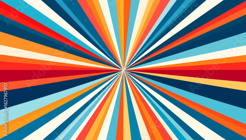 Vibrant retro sunburst pattern with radiating stripes in a 70s color palette of red, blue, and orange.