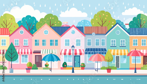 Charming cityscape with colorful row houses, awnings, and umbrellas along a waterfront on a rainy day.