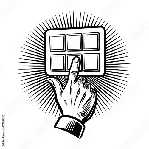 Hand pressing button on grid with radiating lines vector