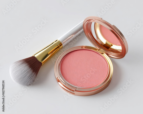 Blush compact with soft pink shade sits next to makeup brush on clean, high key studio background. elegant design and color evoke sense of beauty and freshness