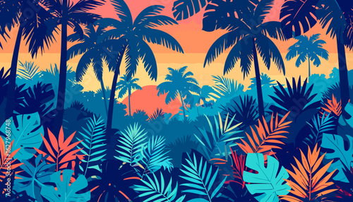 Lush tropical jungle landscape with silhouetted palm trees and foliage in vibrant blue and orange hues.