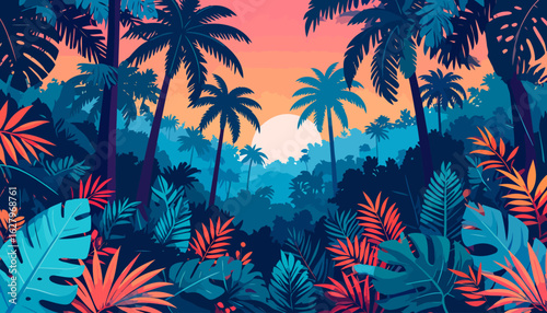 Vibrant tropical jungle illustration with palm trees and colorful foliage against a sunset sky.
