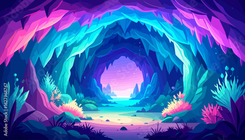 Vibrant Crystal Cave with Jagged Neon Formations and Glowing Flora