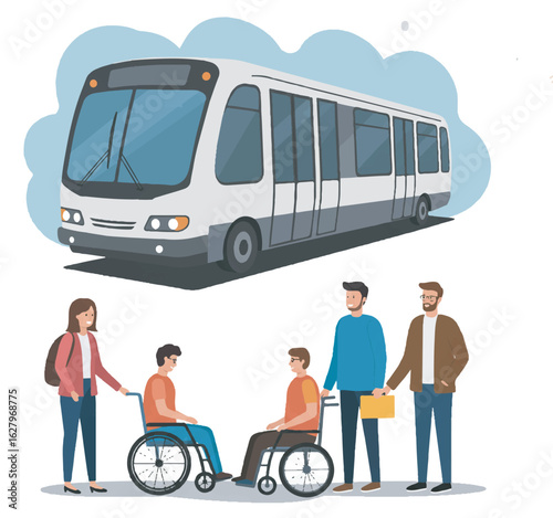 Diverse individuals, including wheelchair users, demonstrating accessible public transportation options and inclusive urban mobility for all citizens in a modern setting.