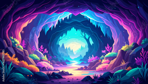 Vibrant fantasy cave with glowing stalactites and a luminous river view.