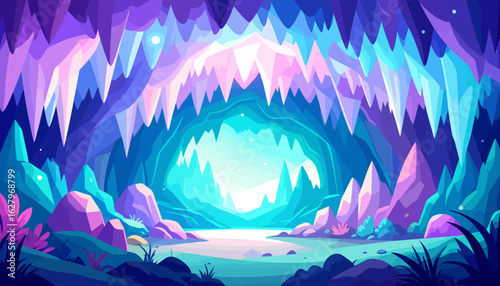 Enchanted crystal cave with glowing purple and blue stalactites and a luminous path.