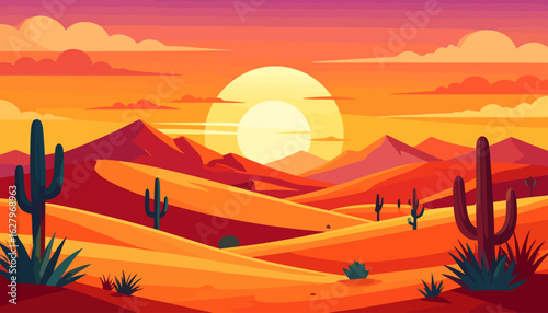 Vibrant desert landscape illustration with saguaro cacti, rolling sand dunes, and a warm sunset.
