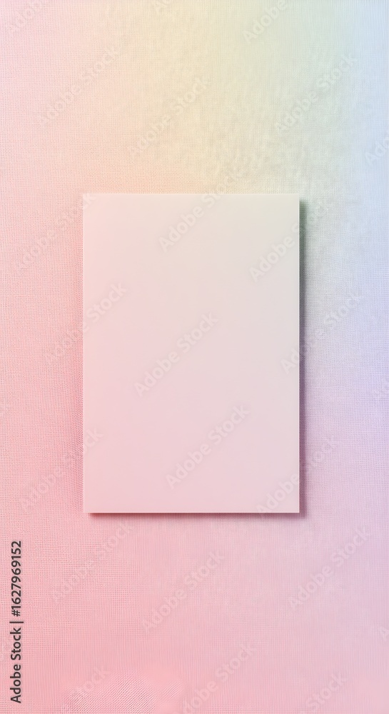 Fototapeta premium Vertical shot of a blank pale pink rectangular card atop a soft pastel gradient fabric texture background. Wedding invitation card mockup with copyspace