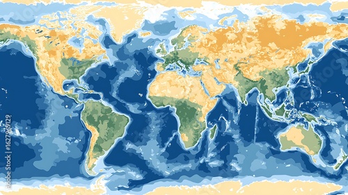 World map depicting climate zones and oceans.  Color-coded global terrain with landmasses, showing varying shades of beige and green indicating climate types, and blue representing ocean depths