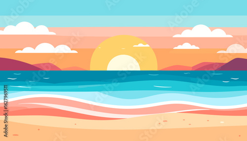 Stylized beach sunset illustration with a vibrant sky, calm ocean waves, and distant mountains.