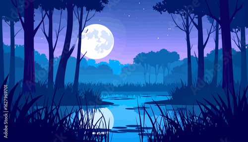 Enchanting night forest scene with a large full moon, silhouetted trees, and a calm pond.