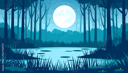 Enchanting night scene of a silhouetted forest and pond under a large, bright full moon.