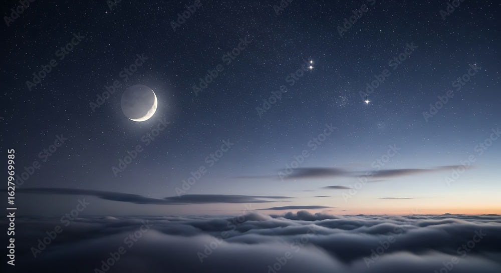 Fototapeta premium Serene crescent moon and starry night sky over a tranquil sea of clouds
