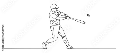 continuous one line drawing of a baseball player swinging a bat