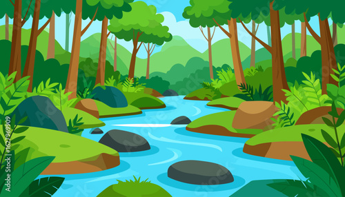 Vibrant cartoon illustration of a winding river flowing through a lush green forest with tall trees and rocks.