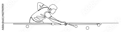 one single line drawing of a young man playing billiard or pool game