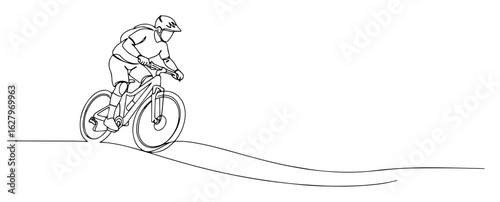 single continuous line drawing of a man riding a mountain bike concept