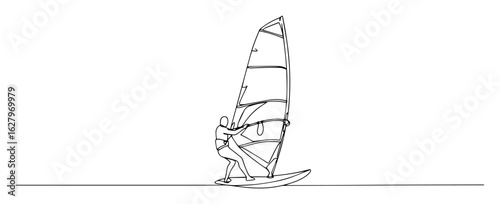 one single line drawing of a windsurfer on a board surfing the waves