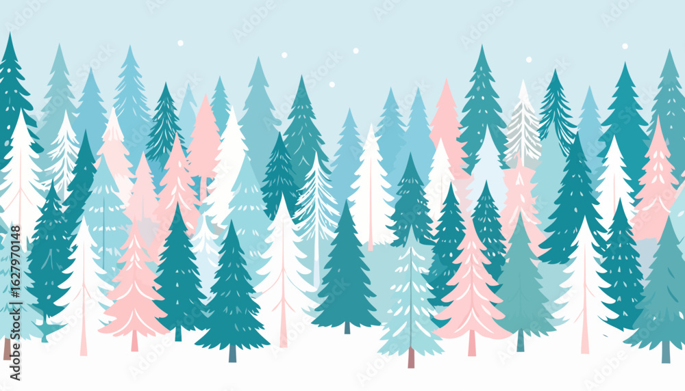 Obraz premium Whimsical winter forest illustration with stylized pine trees in pastel pink, teal, and blue.