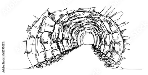 vector illustration of rock tunnel interior outline