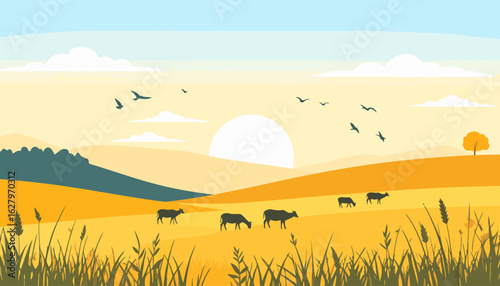 Flat vector illustration of a serene pastoral landscape with grazing cows on golden hills at sunset.