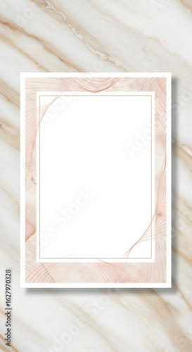 A white card with a golden frame and rose gold wavy lines borders a blank space. Wedding invitation card mockup with copyspace