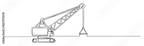 continuous one line drawing of a crawler crane with a bucket