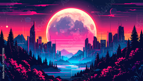 Vibrant retro-futuristic cityscape at night with a giant glowing pink moon, silhouetted forest, and reflective river.