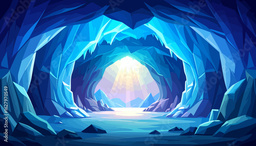 A stylized blue ice cave with jagged crystalline walls and a bright, glowing light source at the distant entrance.