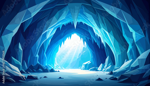 A majestic blue ice cave with sharp, polygonal crystal formations and a glowing entrance.
