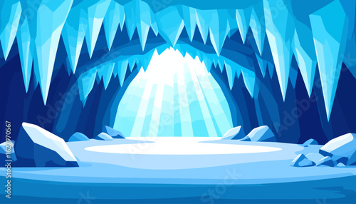 Blue cartoon ice cave with sharp hanging icicles and bright light beams.