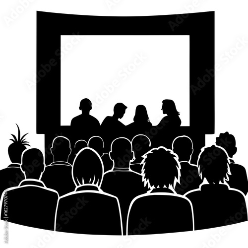 Audience watching movie screen silhouettes people