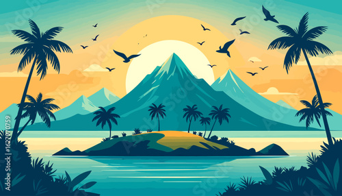 Serene tropical island landscape with silhouetted palm trees, mountains, and a warm, setting sun.