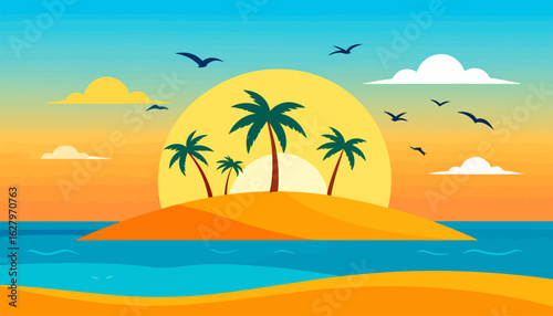 Colorful graphic illustration of a tropical beach scene with palm trees and a setting sun.